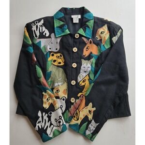 Vintage 90s womens XL embroidered cotton shirt jacket wild African safari animal